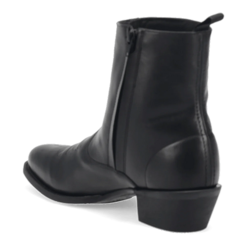 Laredo Men's Fletcher black leather ankle boot. Rounded toe, smooth surface, and side zipper. Features a slightly raised heel and back loop for easy wear.
