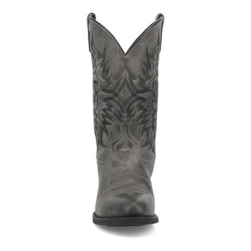 Laredo men's Harding boot in textured gray leather. Pointed toe, decorative stitching, and V-shaped top. Features elongated shapes and swirl patterns. Flat sole with slightly raised heel for structure.