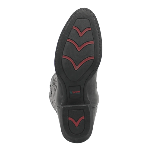 Laredo Harding men's boot: rounded toe, black leather upper, and a durable rubber sole with red accents.
