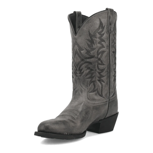 Laredo Harding men's boot: gray leather with matte finish, pointed toe, tall shaft. Western style with black stitching and patterns. Square heel, slightly raised sole.