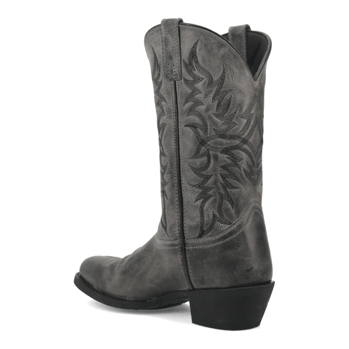 Laredo Men's Harding boot: Tall grey leather with a pointed toe. Features leaf-pattern stitching on the shaft, stacked heel, smooth sides, and a vertical back seam.