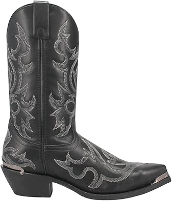 Laredo Jameson men's boots: tall black leather with pointed toes. Intricate light gray swirling stitching. Stacked heel.