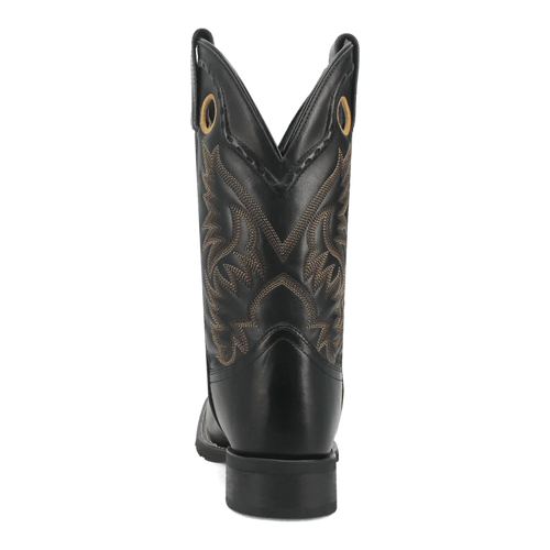 Laredo Kane men's leather boot. Tall black leather shaft with pointed top. Tan leaf-like back stitching. Gold eyelets. Stacked heel.