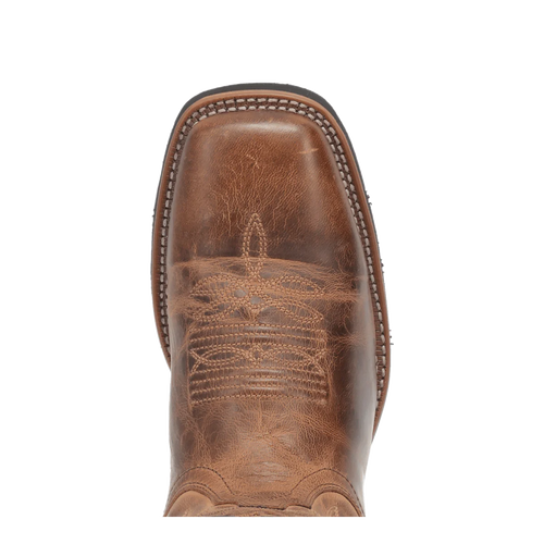 Laredo Men's Kane boot. Square toe, smooth medium brown leather upper. Decorative vamp stitching, contrasting light stitching along shaft edge.