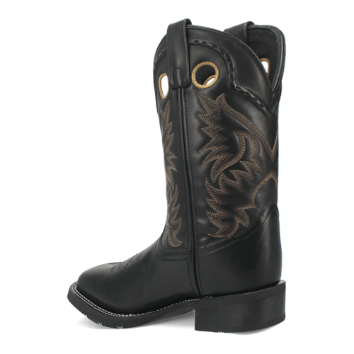 Laredo men's Kane boot: Black leather with light decorative stitching in a geometric shaft pattern. Rounded toe, stacked heel, and dual pull tabs. Structured, tall design.