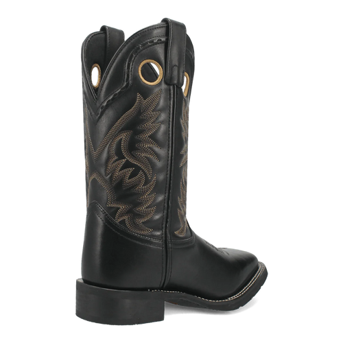 Laredo men's Kane boot in black leather. Tall shaft with curved top and decorative gold stitching. Robust sole with slight heel and pull tabs for easy wear.