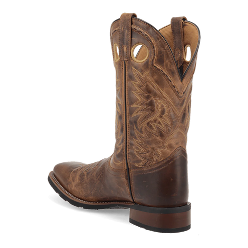 Laredo Men's Kane Leather Boot: Distressed brown leather cowboy boot with pointed toe. Intricate shaft stitching, v-cutout, and metal pulls. Stacked heel, rubberized sole, natural grain finish.