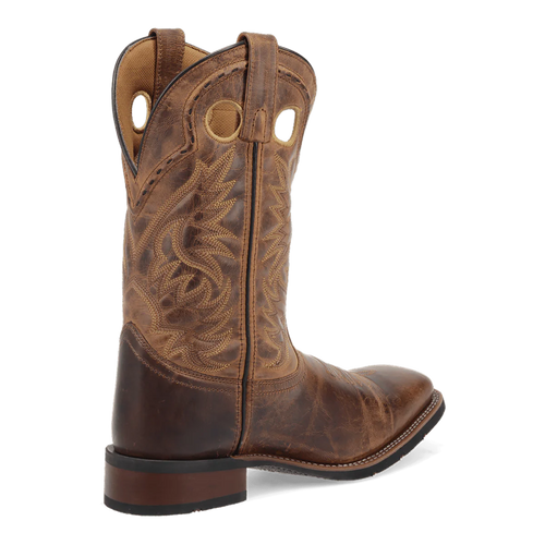 Laredo Men's Kane boot: Distressed brown leather with a tall, curved shaft and pointed toe. Features tonal stitching, pull tabs, and a stacked heel with rubber outsole for stability.