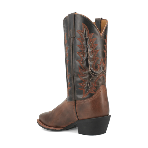 Laredo men's Kent boot: tall black leather shaft with brown embroidery. Pointed toe, stacked heel. Tan leather base and rounded heel.