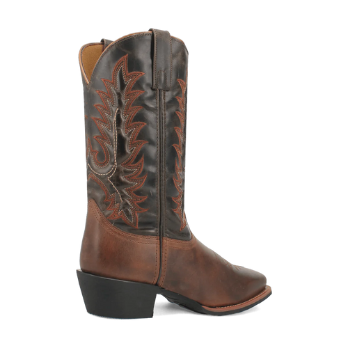 Laredo Kent men's boot: Tall, dark brown leather. Rounded toe, intricate stitching. Squared, moderate heel. Pull tabs for easy wear.