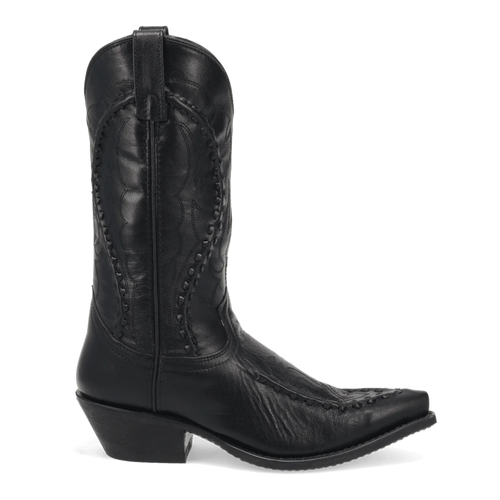Laredo Men's Laramie Black Leather Boot: Pointed toe, tall shaft with stitching, and modest heel. All-black leather with a textured finish.