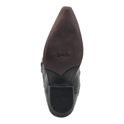 Laredo Men's Laramie Black Leather Boot. Pointed toe, tapered heel, smooth black leather upper. Brown outsole with tread, brand logo embossed on heel.