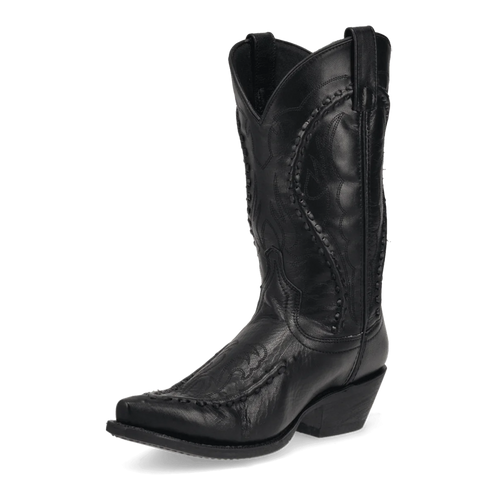Laredo Men's Laramie black leather boot. Pointed toe, mid-calf height. Black leather with textured pattern and decorative stitching. Cut-out detailing and stacked heel for structured style.