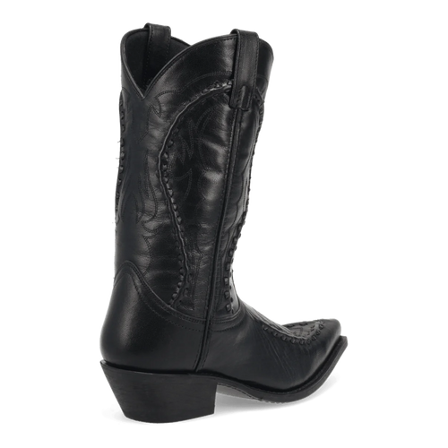 Laredo Men's Laramie Black Leather Boot: Tall shaft, pointed toe, black leather. Embroidered side details & stitched seams. Stacked heel for elevation and balance.