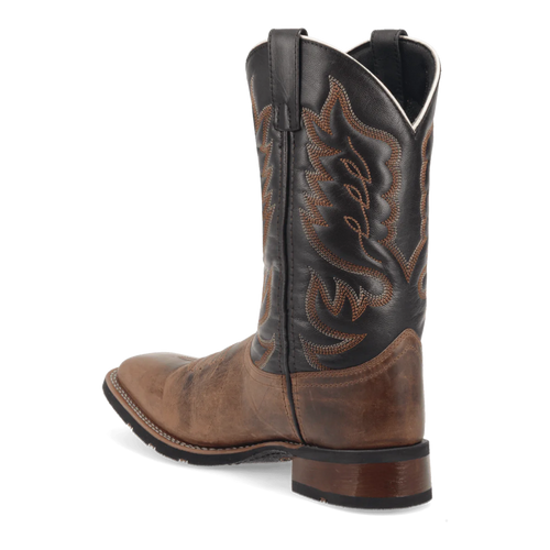 Laredo Montana men's boot: Tall black leather upper with tan stitching meets distressed brown leather. Rounded toe, stacked heel, pull straps. Decorative back pattern.