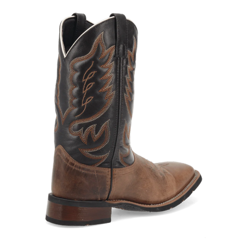 Laredo Montana men's boot: Tall black leather shaft with brown stitching. Tan, worn-finish vamp. Pointed-round toe. Flat black sole, brown stacked heel.
