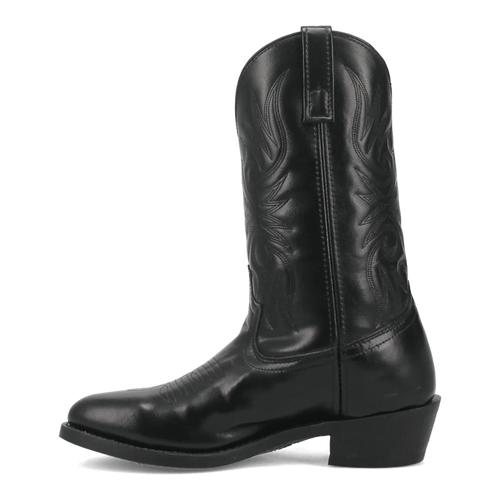 Laredo Men's Paris Western Boot: Black leather, tall shaft with detailed stitching. Pointed toe, stacked heel. Includes pull tab for easy wear.