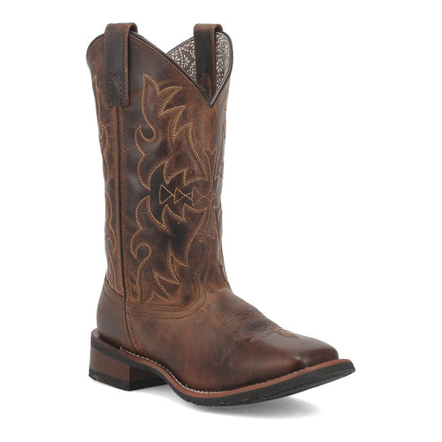 Laredo Anita women's boot. Tall, distressed brown leather shaft with pointed toe and stacked heel. Intricate stitching and a Western design with open collar stitching.