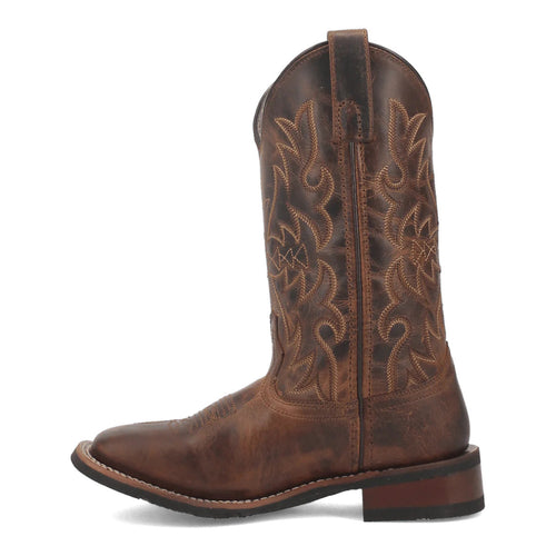 Laredo women's Anita boot: tall, distressed brown leather with embroidered detailing, pointed toe, and slightly raised heel. Features pull tab, stitched sole for durability.