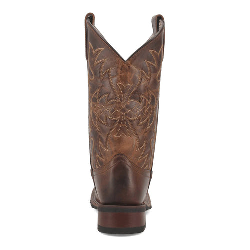 Laredo Women's Anita Boot: Tall, brown, distressed finish with floral embroidery. Features a slightly pointed toe, stacked heel, smooth vamp, textured shaft, stitched accents, and side cutouts. Pull-on design.