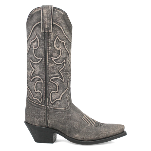 Laredo's black Reva boot: Tall, tapered shaft, pointed toe, textured black material. Contrasting decorative stitching. Slight heel, pull tab.