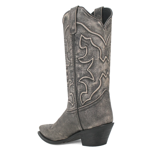Laredo Women's Reva black boot: Tall, pointed leather boot with distressed finish. Western stitching details and a low stacked heel. Features a rounded toe and pull tab for easy wear.