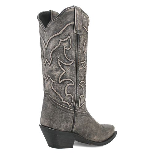 Laredo Women's Reva black boot: Tall shaft, western stitching, and pointed toe. Distressed black leather with a stacked heel.