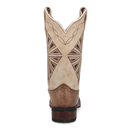 Tan leather Laredo Women's Kite Days boot. Features a decorative stitched pattern, pointed collar, smooth brown heel, and a structured, slightly tapered toe.