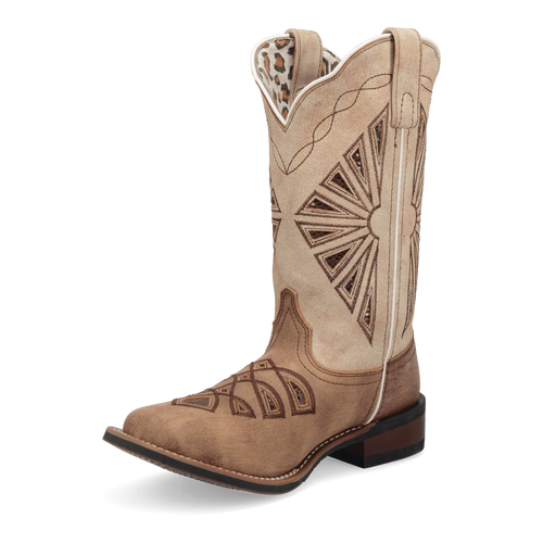 Laredo Kite Days women's leather boot. Tall light tan shaft with pointed toe, stacked heel, and decorative brown stitching. Features a scalloped collar, animal print lining, and white welt.