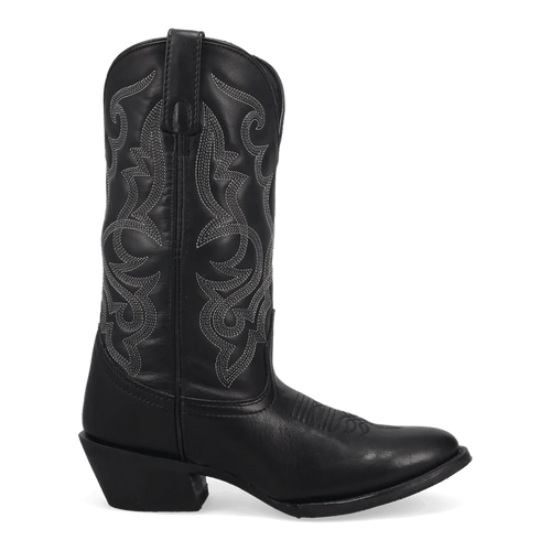 Laredo women's Maddie leather boot: tall, black, pointed-toe with stacked heel. Intricate gray swirling stitching on the shaft. Features a pull tab.