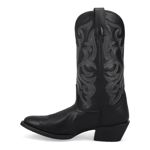 Laredo Maddie women's boot. Tall, black leather with pointed toe, stacked heel. Silver embroidered swirling pattern on the shaft. Pull tab for easy wear.