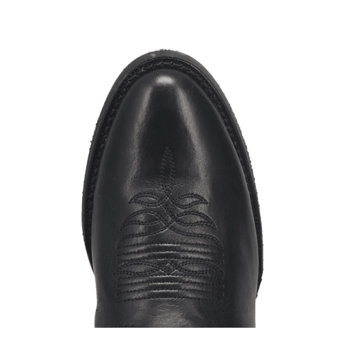 Laredo Maddie women's boot: Smooth black leather exterior, pointed toe, decorative stitching with embossed design, and a seamlessly attached outsole.