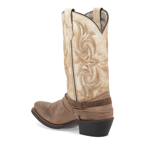Laredo Women's Myra Boot: Tall, pointed-toe boot with a slight heel. Two-tone design: light beige leather shaft with decorative stitching, and a darker brown base. Features swirl patterns and ankle band.