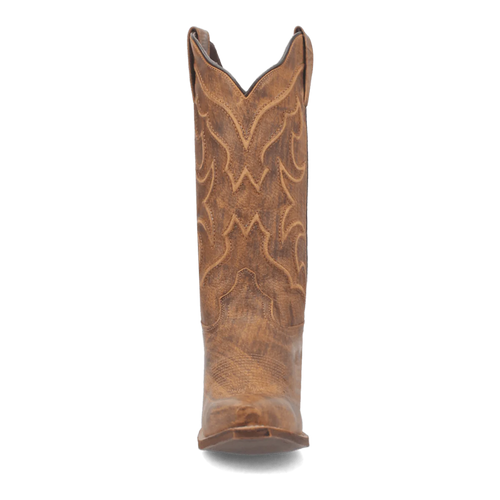 Laredo Reva boot: Tall, pointed, distressed brown leather. Scalloped top, embossed shaft. Rounded toe, moderate heel. Cowgirl style.