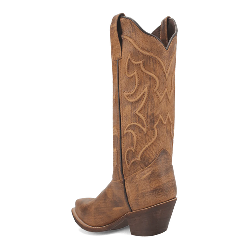 Laredo Reva women's boot: tall, distressed brown leather with matte finish. Curved top, stitched patterns. Stacked heel, pointed toe. Pull tabs for easy wear.