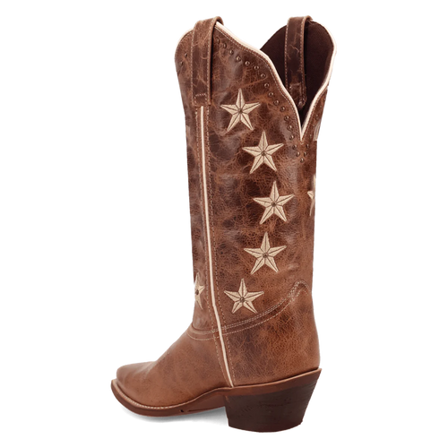 Laredo Women's Serenade Boot: Tall brown distressed leather boot with a pointed toe and low heel. Features cream star patterns, a scalloped upper edge, and decorative stitching.