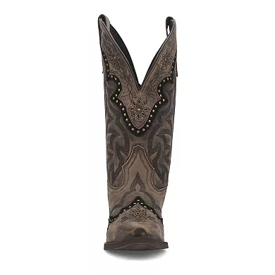 Laredo Skyla boot: Tall, distressed brown leather with pointed toe & V-cut. Intricate stitching, patterned overlay, and metallic accents enhance the design.