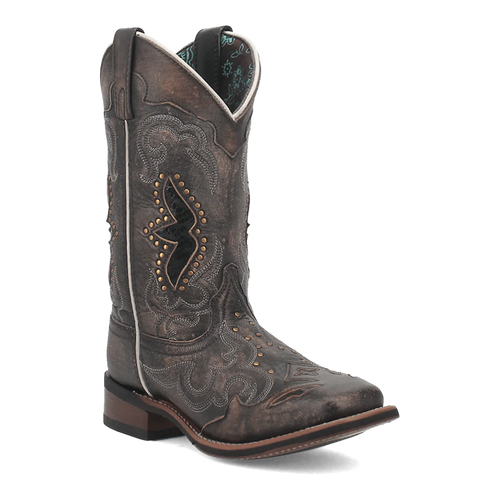 Laredo women's western boot: Distressed brown leather with pointed toe, stacked heel, and decorative stitching. Cut-out patterns, metal studs, and blue patterned lining.