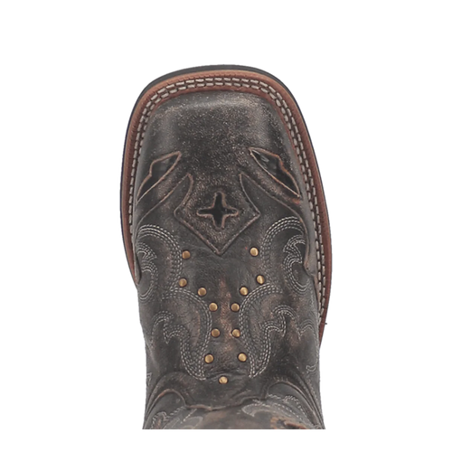 Laredo women's western boot in tan and dark brown. Rounded toe, intricate stitching, and diamond-patterned metallic studs. Mid-calf height with a stacked heel.