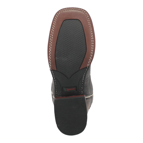 Black leather Laredo women's western boot. Square toe. Brown rubber heel and textured black sole. White stitching details the sole. Classic western style.