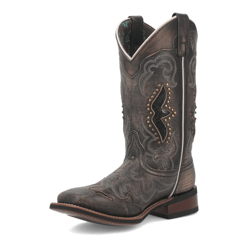 Laredo women's western boot in distressed dark brown leather. Tall shaft, pointed toe, sloped heel. Intricate stitching & studs. Deep V-shaped collar. Leather sole with rubber traction overlay.