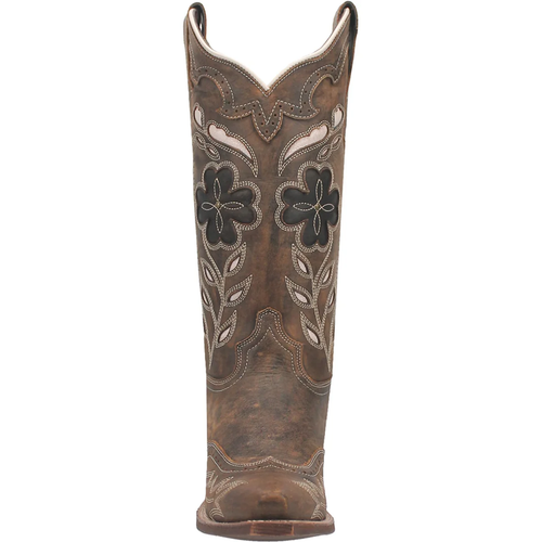 Laredo Zuri boot. Distressed brown leather, tall shaft, pointed toe. Intricate floral stitching in white/black. Scalloped top edge. Moderate heel. Sleek silhouette.