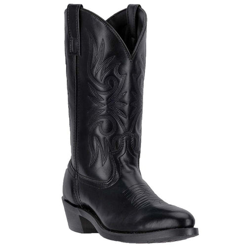 Laredo Paris black leather R toe men's boots. Tall shaft, intricate stitching, pointed R toe, and low stacked heel. All black.