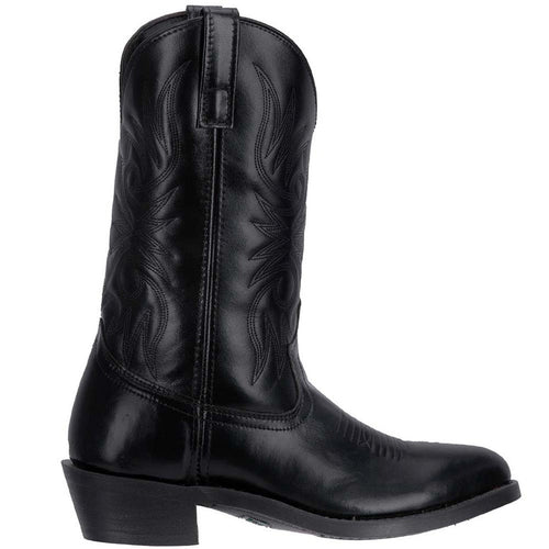 Laredo Paris black leather R-toe men's boots. Tall shaft with intricate stitching, slightly elevated heel. Smooth, sleek black leather. Rounded toe.