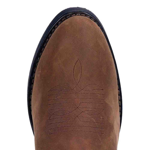 Laredo Paris tan distressed R-toe men's boots. Rounded toe, distressed tan leather upper. Decorative stitched shaft. Durable, dark sole with reinforced construction for lasting wear.