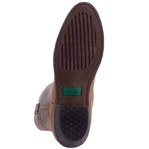 Tan distressed leather men's boots by Laredo Paris. Feature a rounded toe and flat rubber outsole with patterned tread. Includes a green label accent.