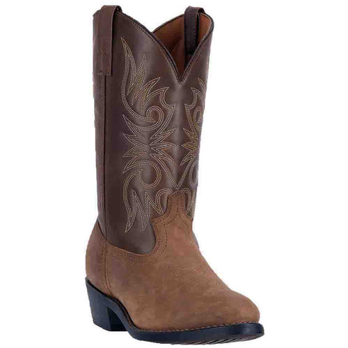 Laredo Paris men's tan distressed R-toe boots. Western silhouette with brown leather upper and decorative stitching. Lighter tan distressed lower section, black outsole, stacked heel.