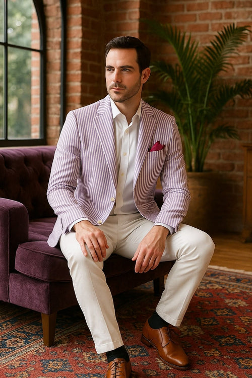 Mens Italian Lavender Seersucker Blazer – Lightweight Summer Striped Suit Jacket