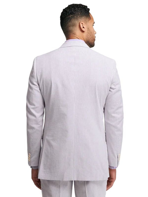 Men's lavender seersucker blazer: fitted, notched lapel, long sleeves. Lightweight cotton with lavender/white vertical stripes. Single back vent. Contrasting sleeve lining. Textured fabric.
