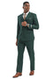 Hunter green Stacy Adams double-breasted suit: structured blazer with fitted shape, double buttons, tailored collar. Matching trousers for a sleek, coordinated look.
